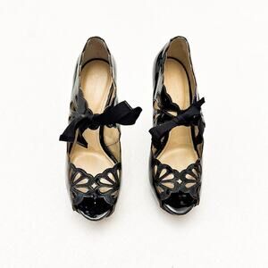Joan & David Black Cicilee Patent Pumps Stiletto Lace Platform Shoes Size 7
